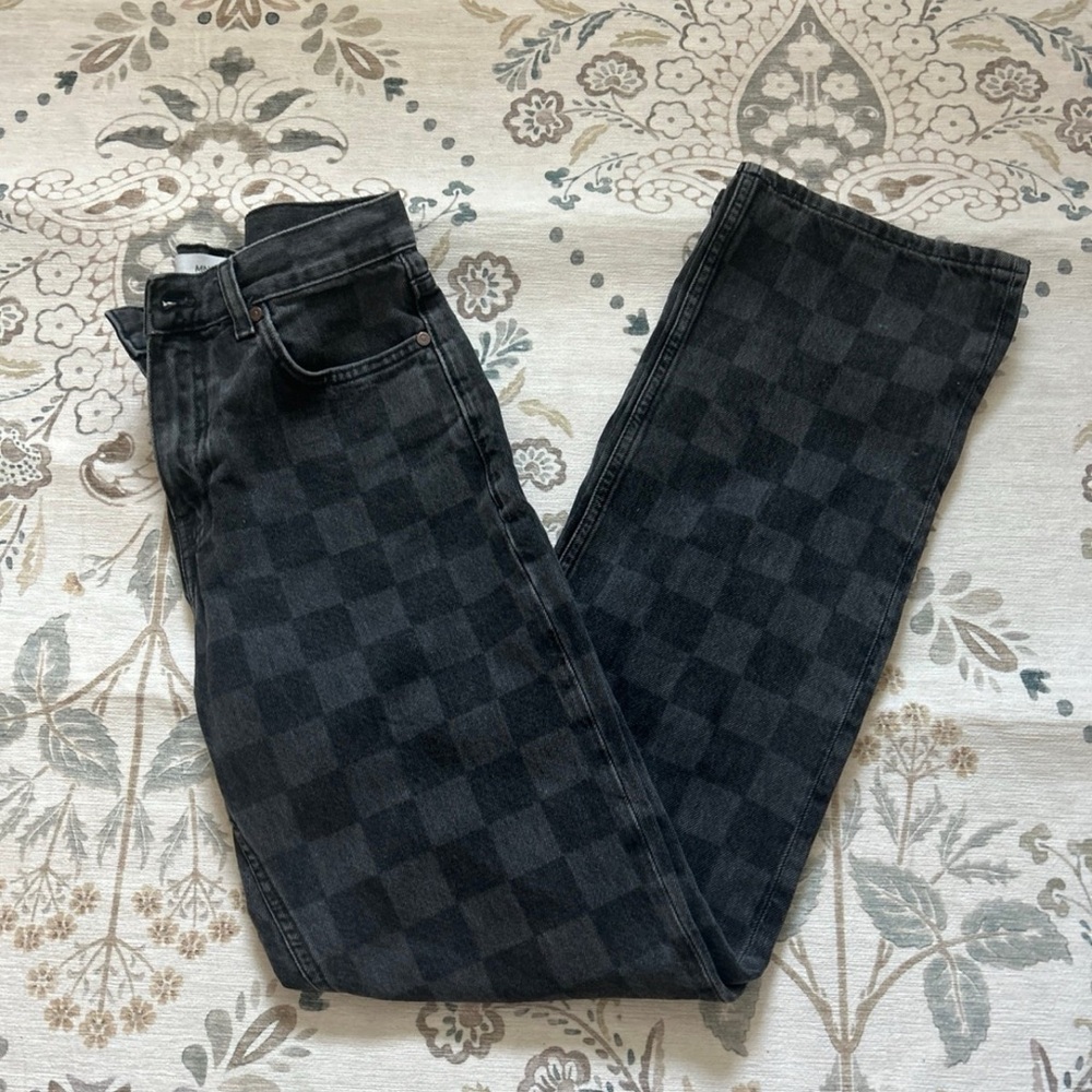 Mango Dark Checked High waist straight jeans